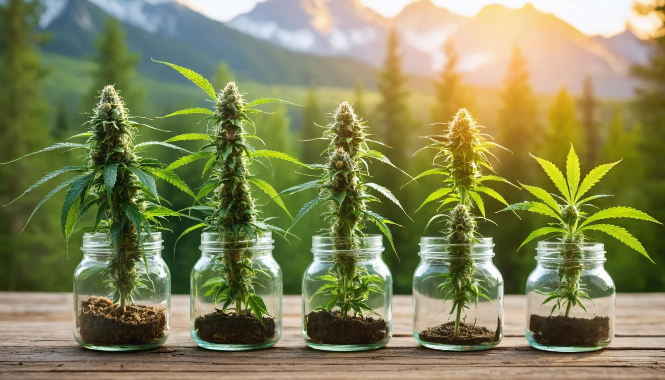 Five cannabis plants in glass jars on wooden surface, mountains and trees in background, sunlight illuminating scene