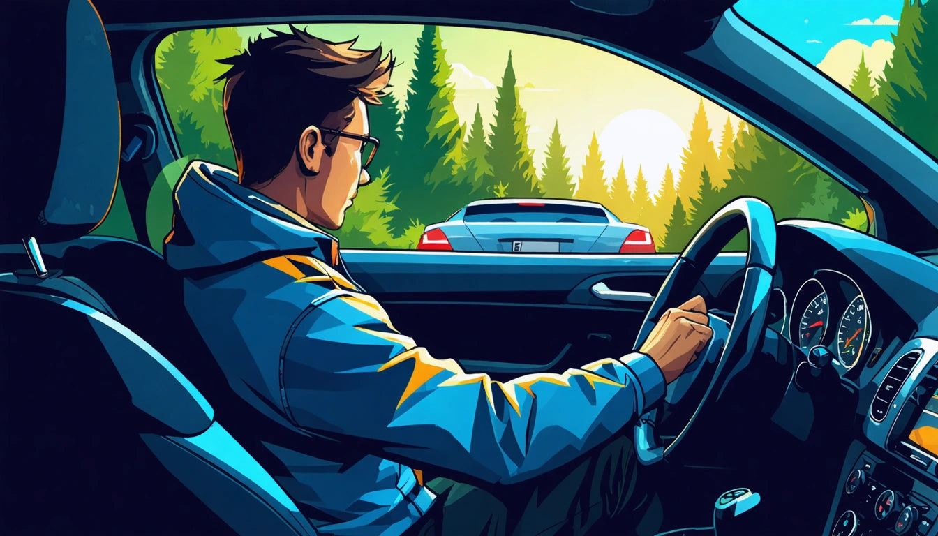 Man in blue jacket driving car, looking at red sports car ahead, surrounded by pine trees and setting sun in background