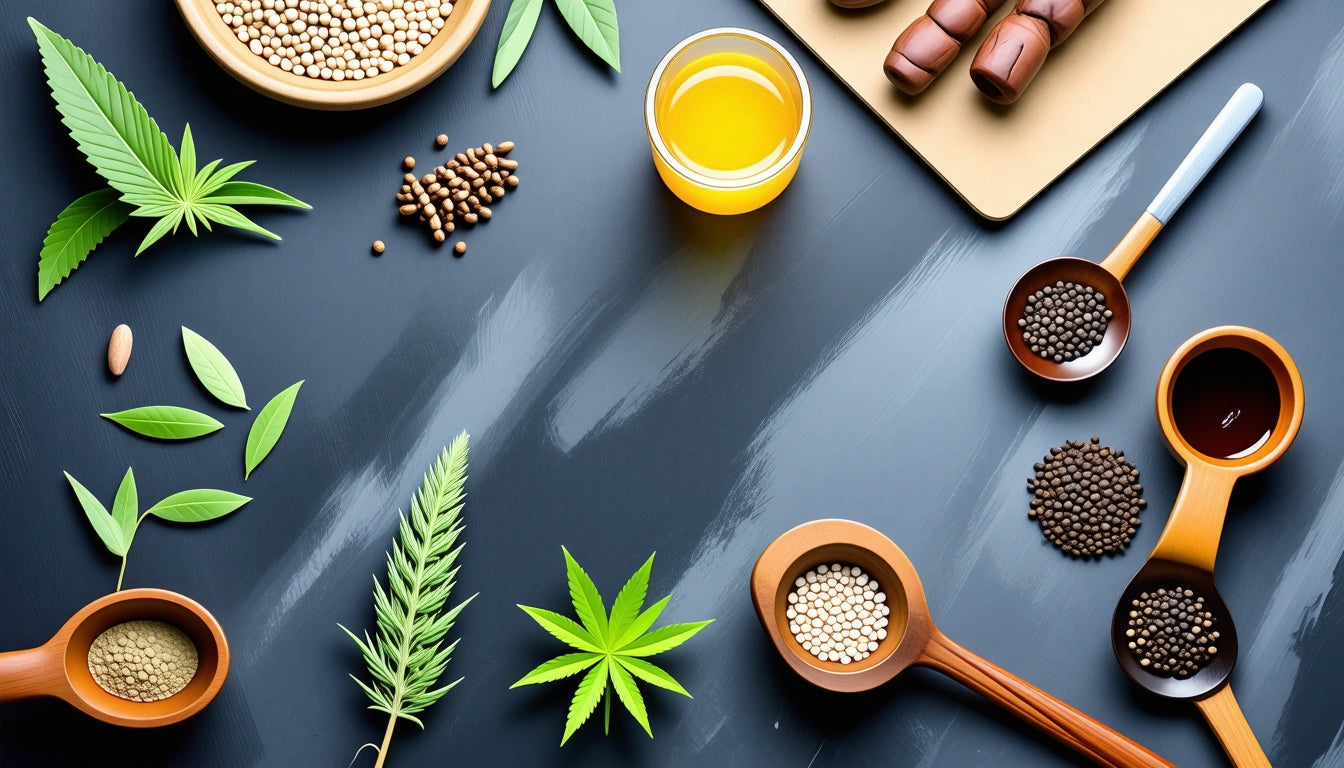 Wooden spoons with seeds, green leaves, a jar of yellow liquid, and chocolate pieces on a dark surface