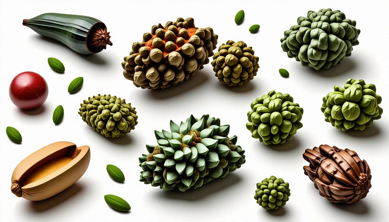 Various geometric shapes resembling fruits and vegetables on a white background, including clusters and a red sphere