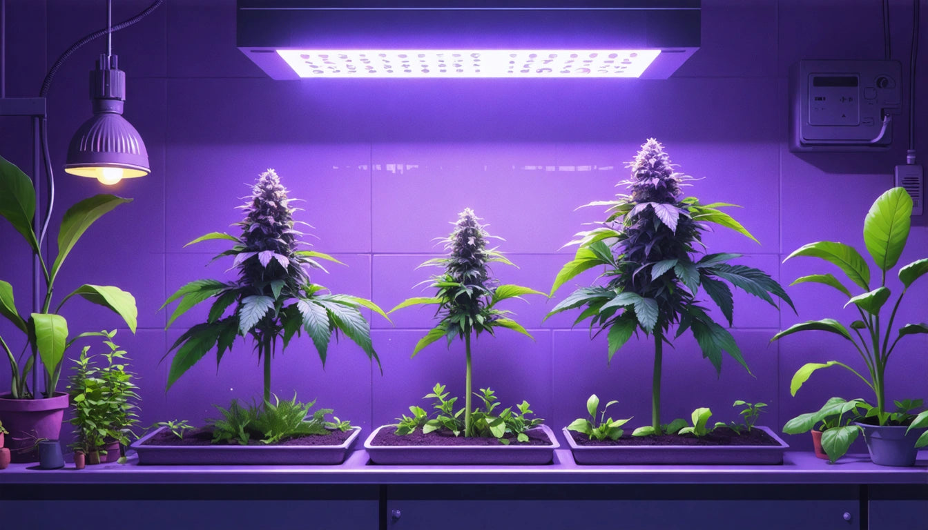 Three potted plants under purple LED grow lights on a shelf, surrounded by smaller plants, with a tiled wall background