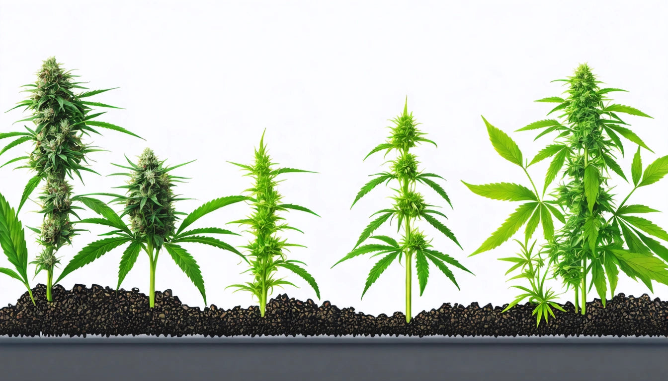 Five cannabis plants at different growth stages in soil against a white background