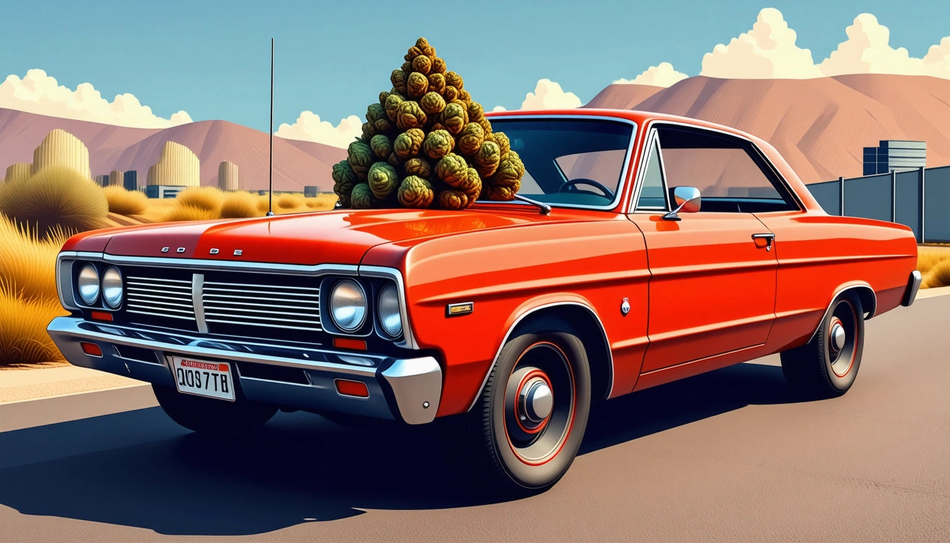 Red vintage car with a large pinecone on the hood, parked on a road with desert mountains and clouds in the background