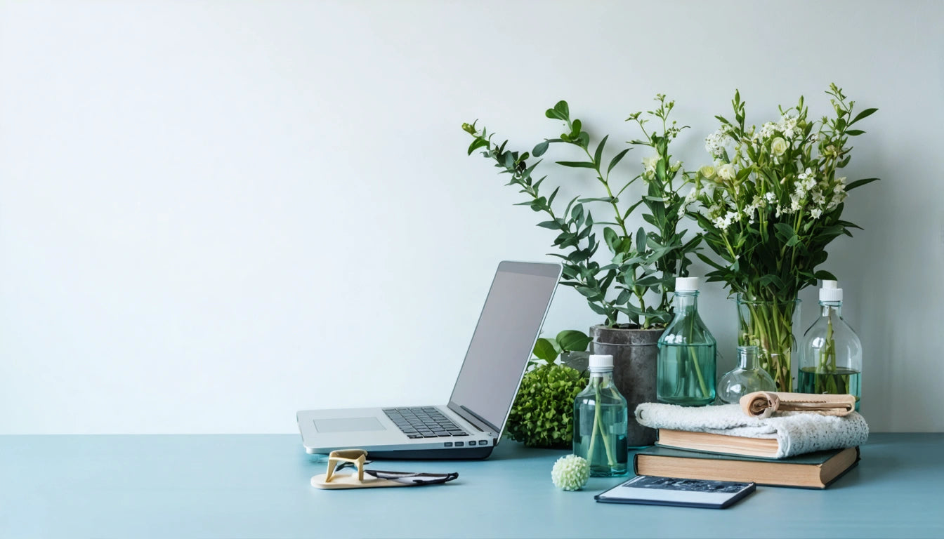 Laptop on blue desk with glasses, books, plants, and bottles against a light wall