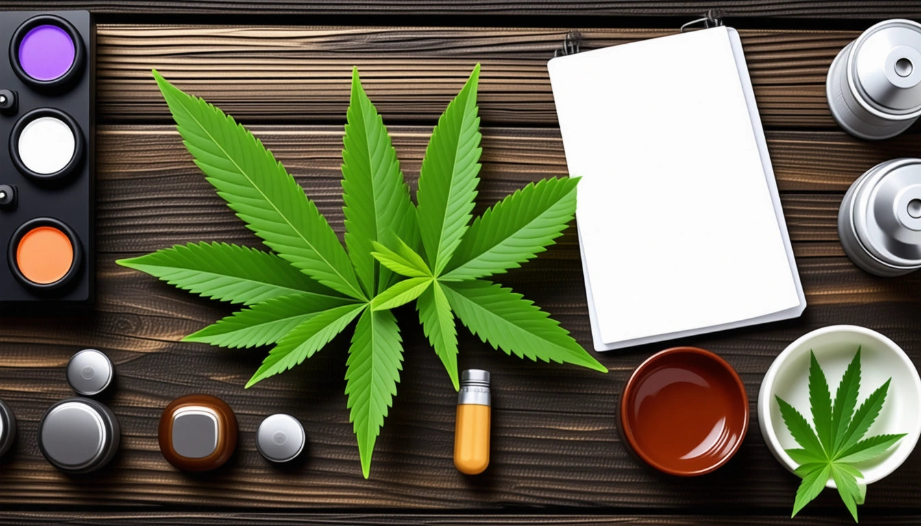 Large green leaf on wooden surface, surrounded by small bottles, a dropper, a blank notepad, and a brown bowl