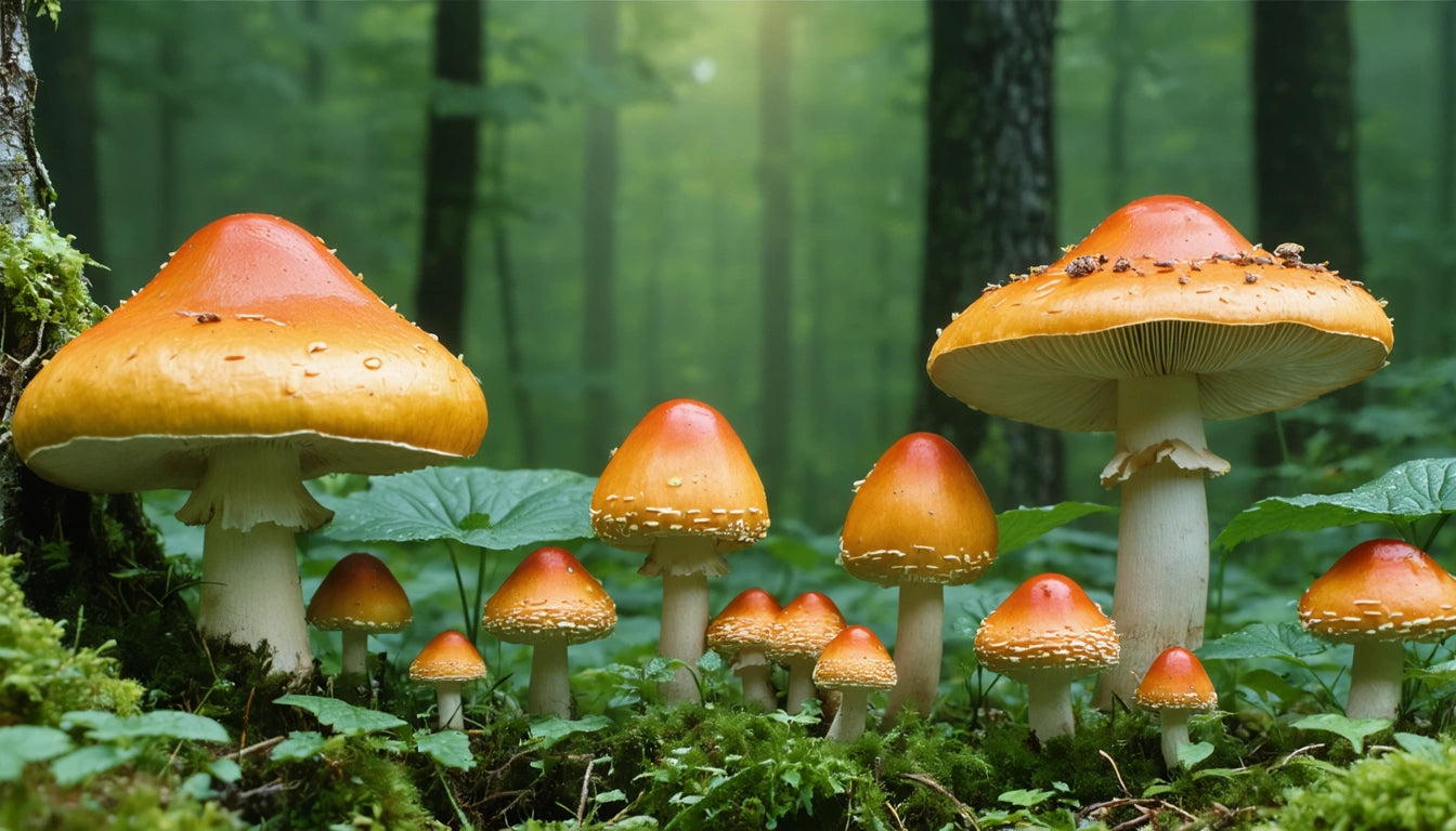 Orange and white mushrooms with speckled caps growing on a mossy forest floor, surrounded by green foliage