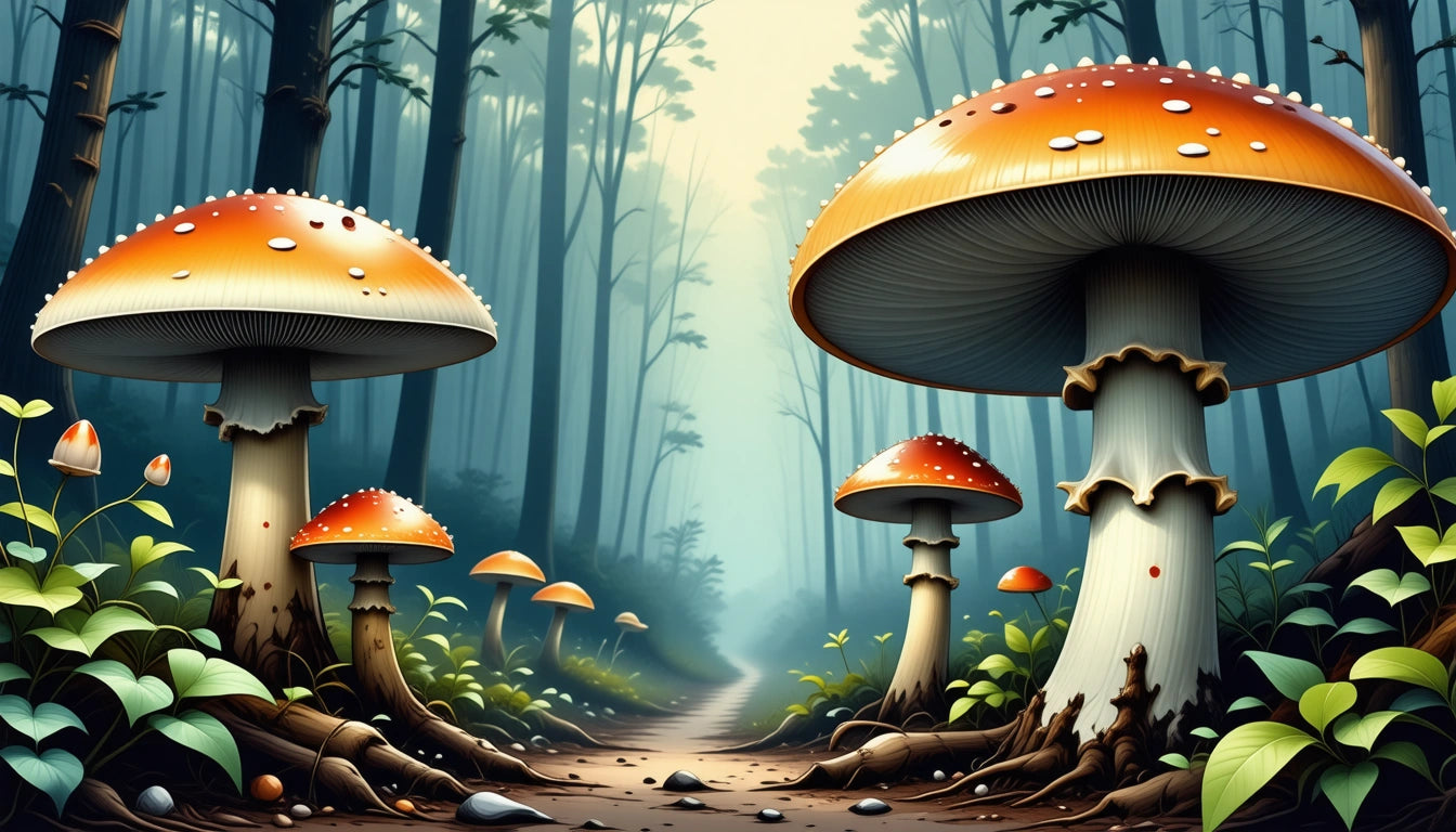 Tall, orange-capped mushrooms with white spots in a misty forest, surrounded by green plants and a dirt path