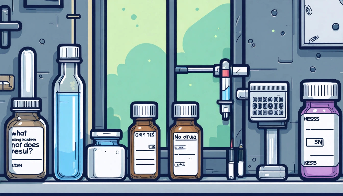 Bottles and lab equipment on a shelf in front of a window with green trees outside