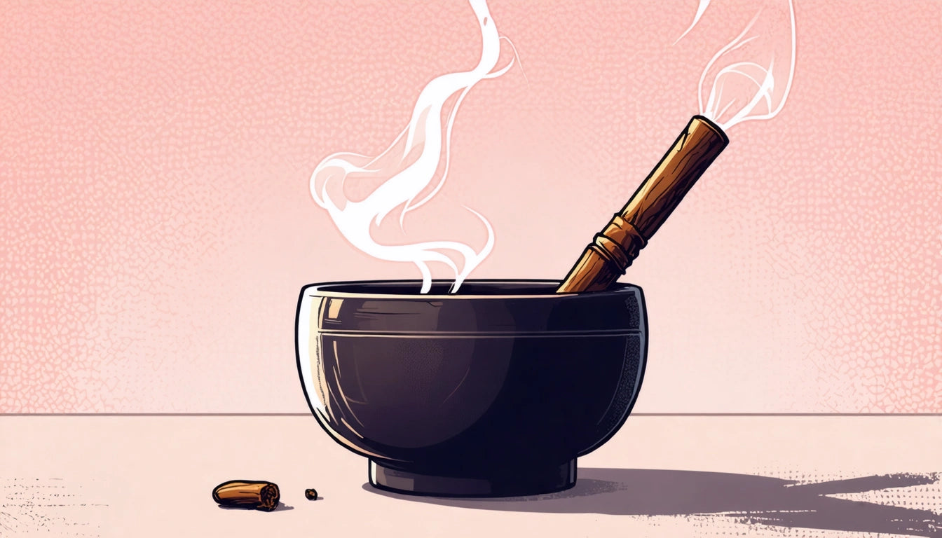 Black bowl with smoking incense stick, cinnamon stick beside, on a light pink background
