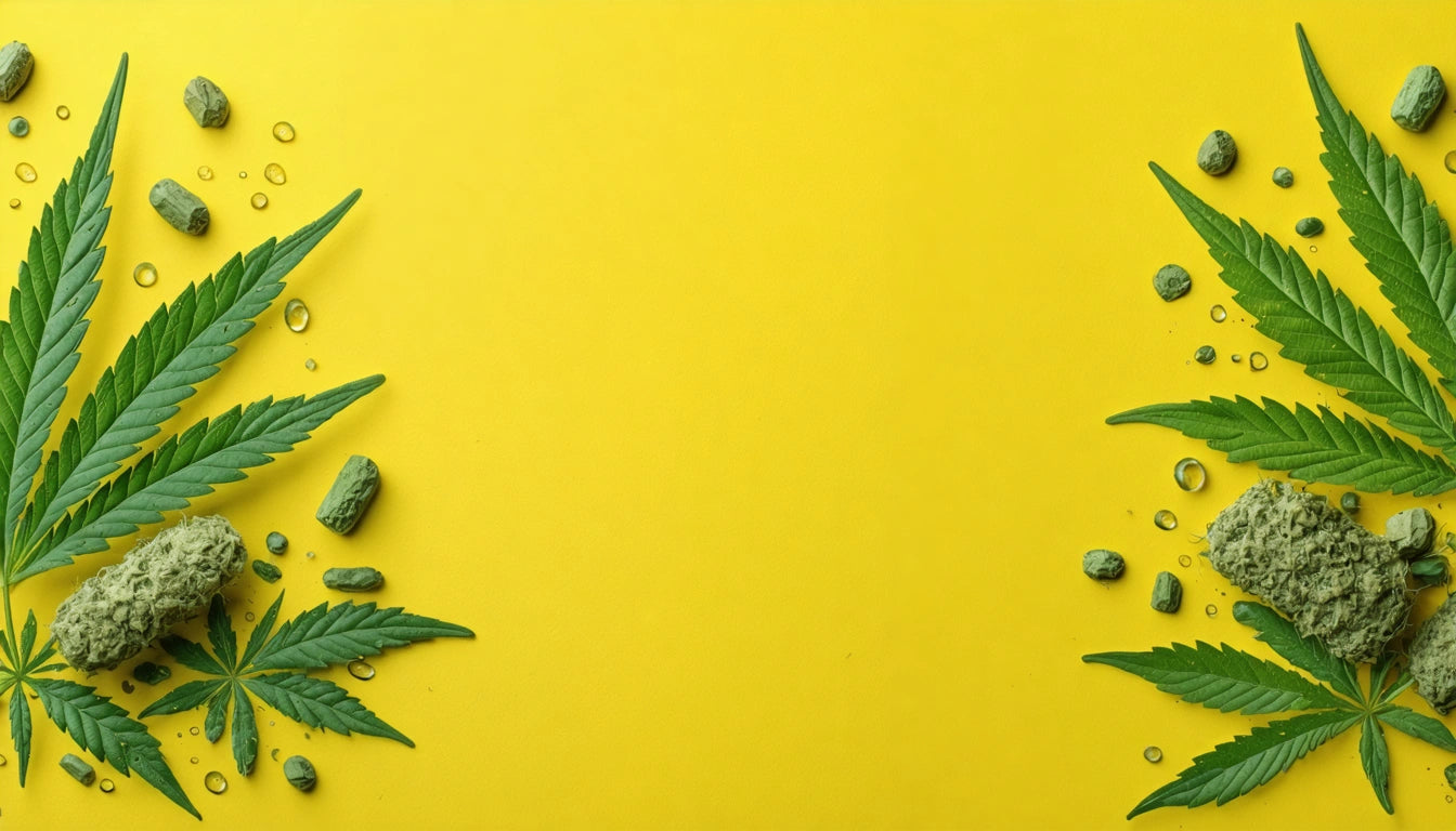 Green leaves, buds, and small pellets scattered on a bright yellow background