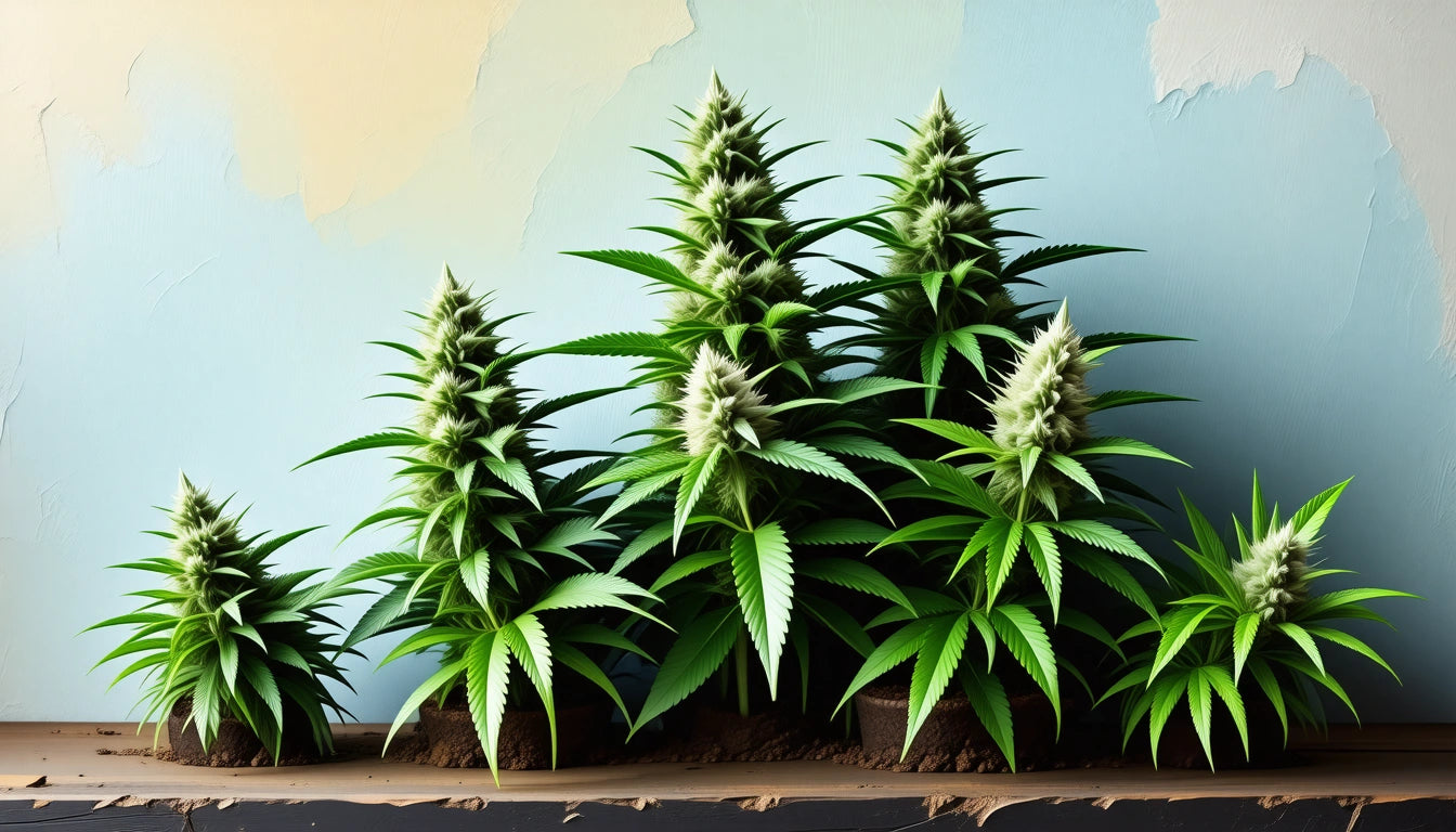 Several green plants with pointed leaves and white buds on a wooden surface against a textured blue and beige wall