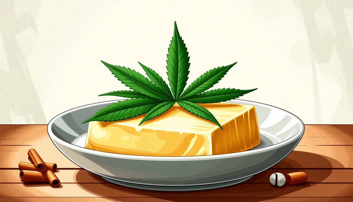 A block of yellow butter on a white plate, topped with a green leaf, on a wooden table with cinnamon sticks and a nut
