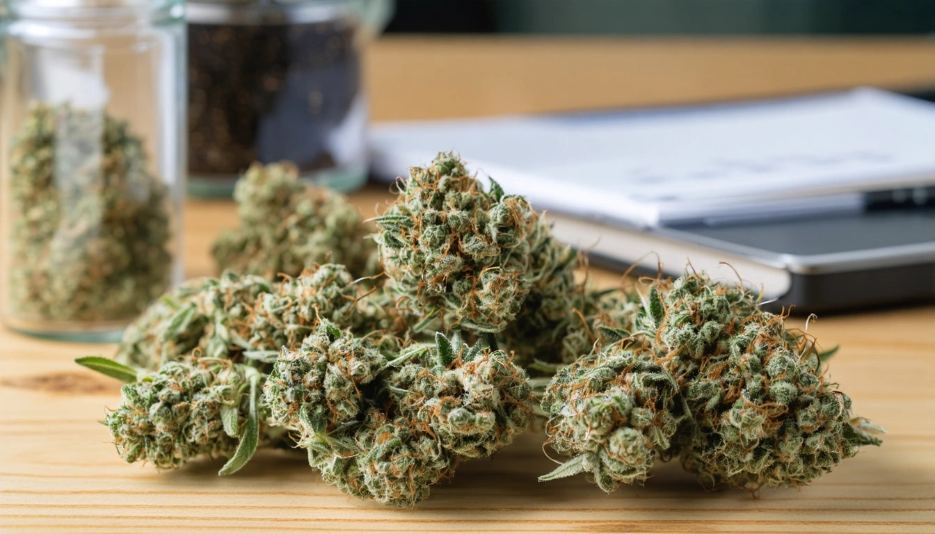 Clusters of green and orange buds on a wooden table, with jars and papers in the background