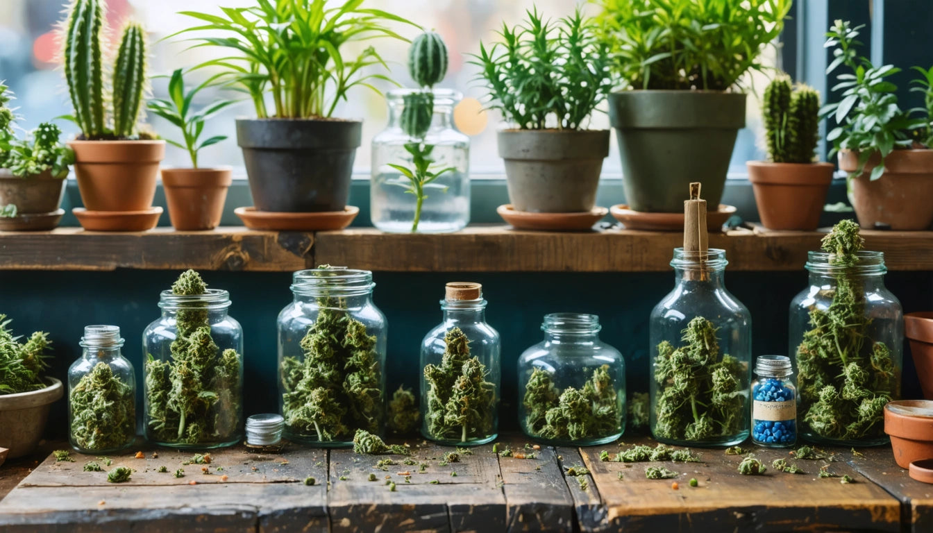 Glass jars filled with green plant buds on a wooden shelf, potted plants in the background, soft natural light