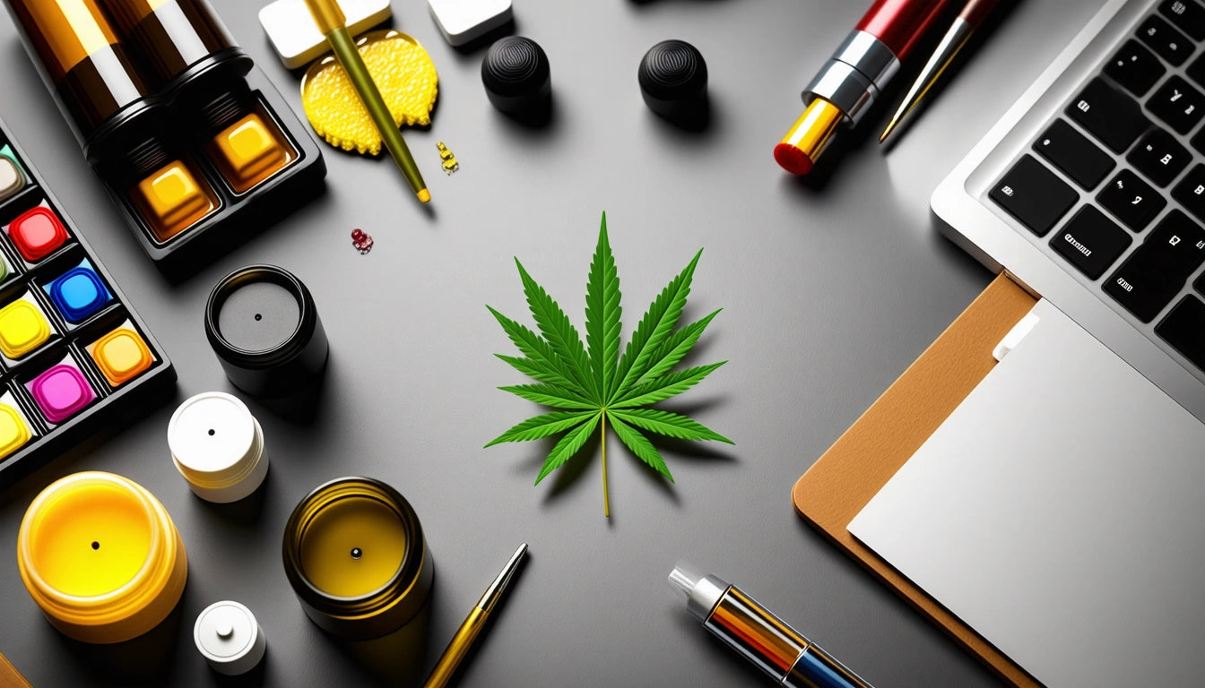 Green leaf centered on gray surface, surrounded by paint tubes, jars, a laptop edge, and a notebook