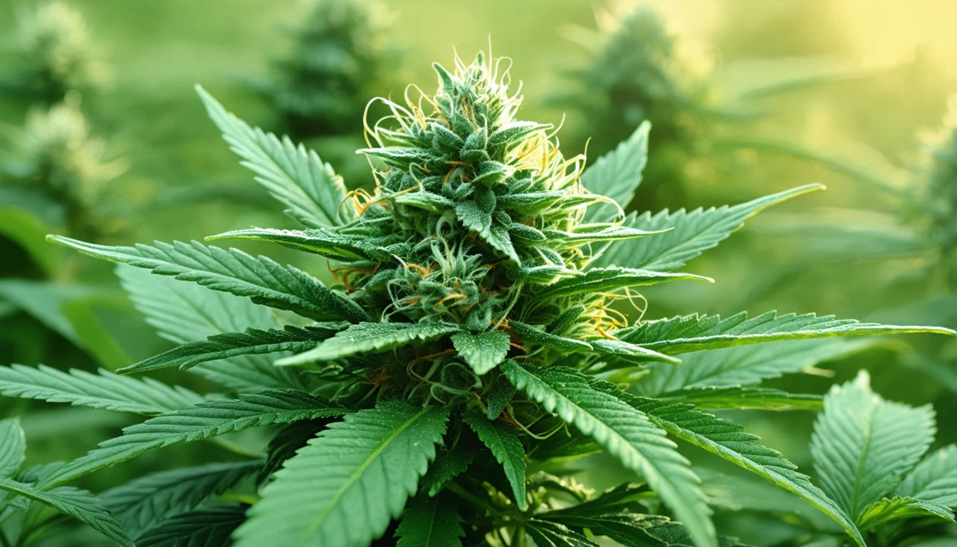 Green plant with pointed leaves and dense, spiky clusters, surrounded by similar plants in soft focus, under warm lighting