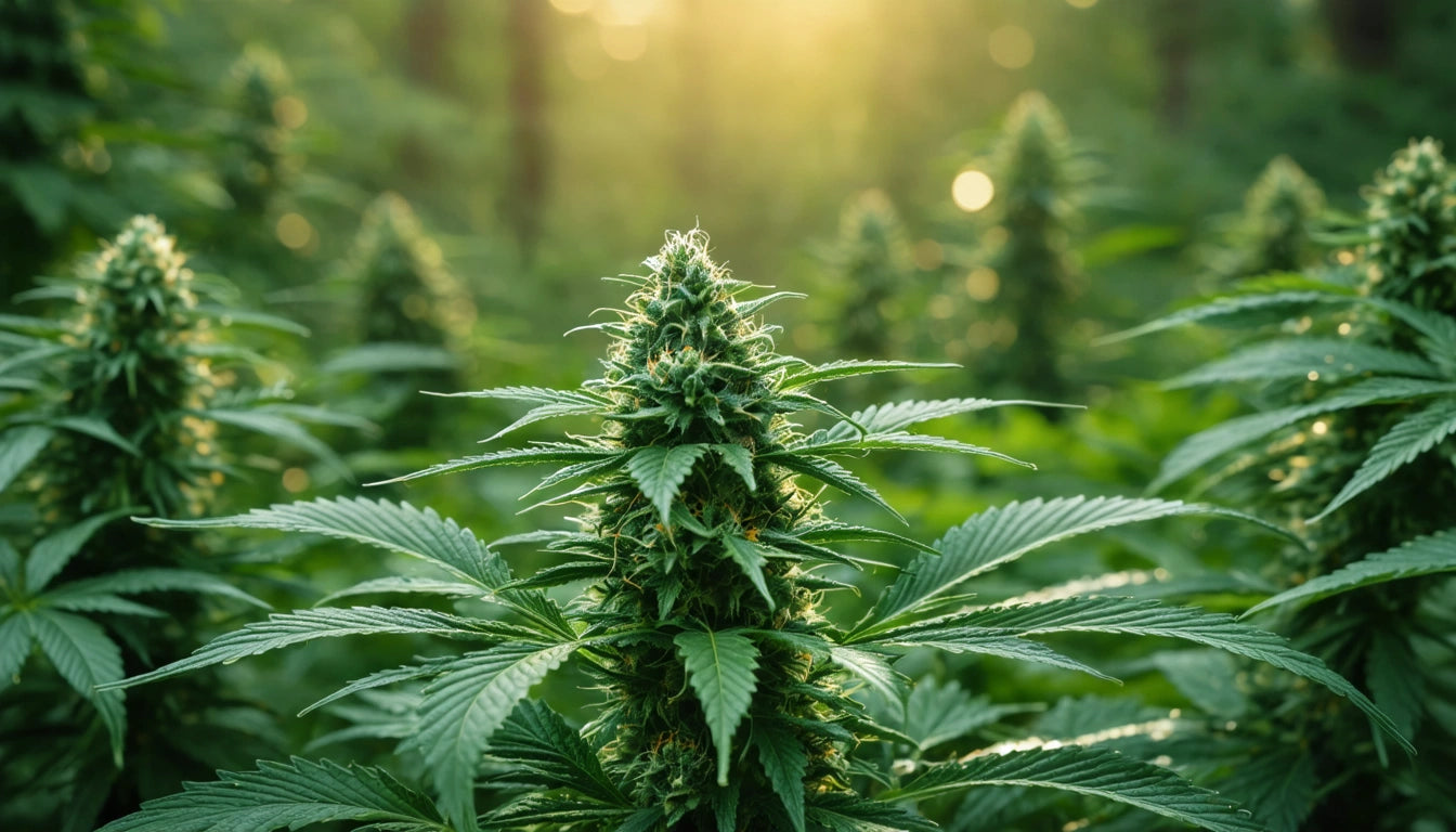 Sunlit green plant with pointed leaves and dense, spiky clusters, surrounded by similar plants in a blurred background