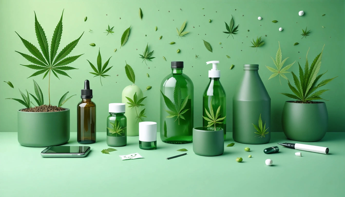 Various green bottles and jars with cannabis leaves, surrounded by scattered leaves and pills on a green background