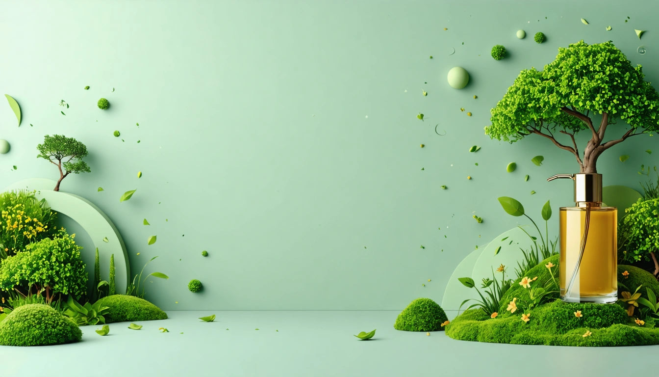 Green landscape with small trees and bushes, scattered leaves, and a gold-capped bottle on the right against a light green background