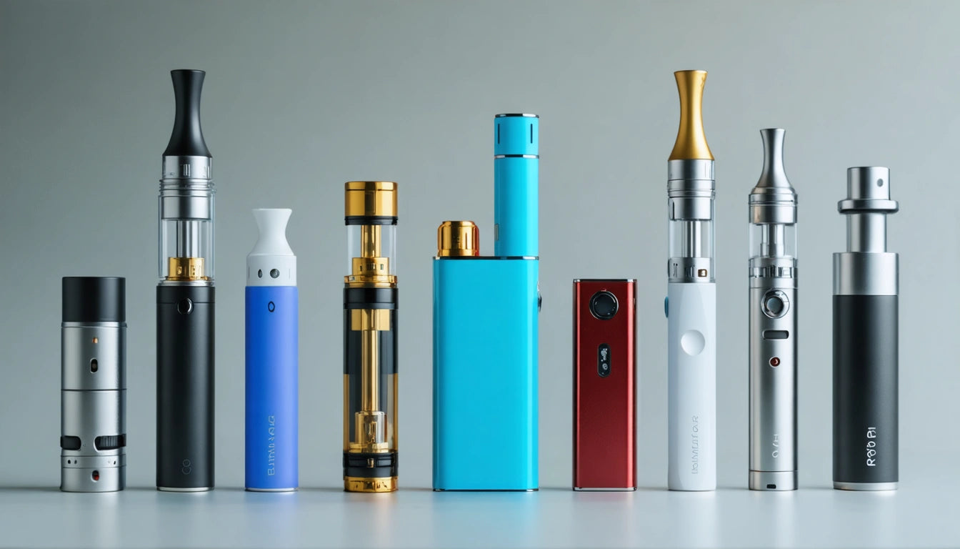 Nine colorful vape pens and devices lined up on a white surface against a gray background