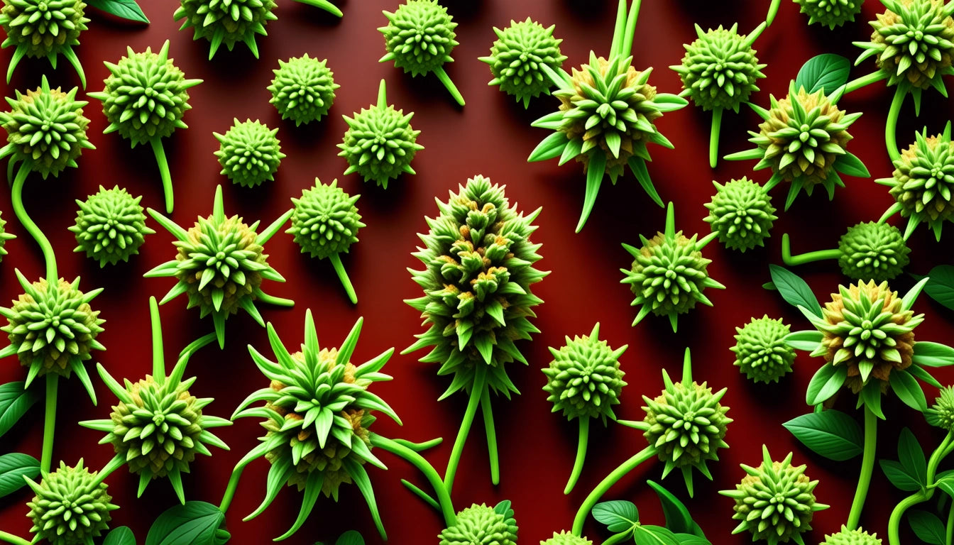 Green spiky clusters and leaves scattered on a dark red background