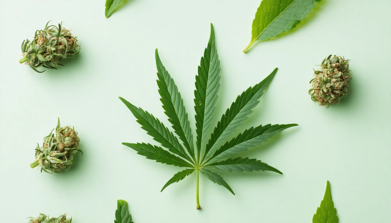 Green cannabis leaf centered on light green background, surrounded by buds and smaller leaves