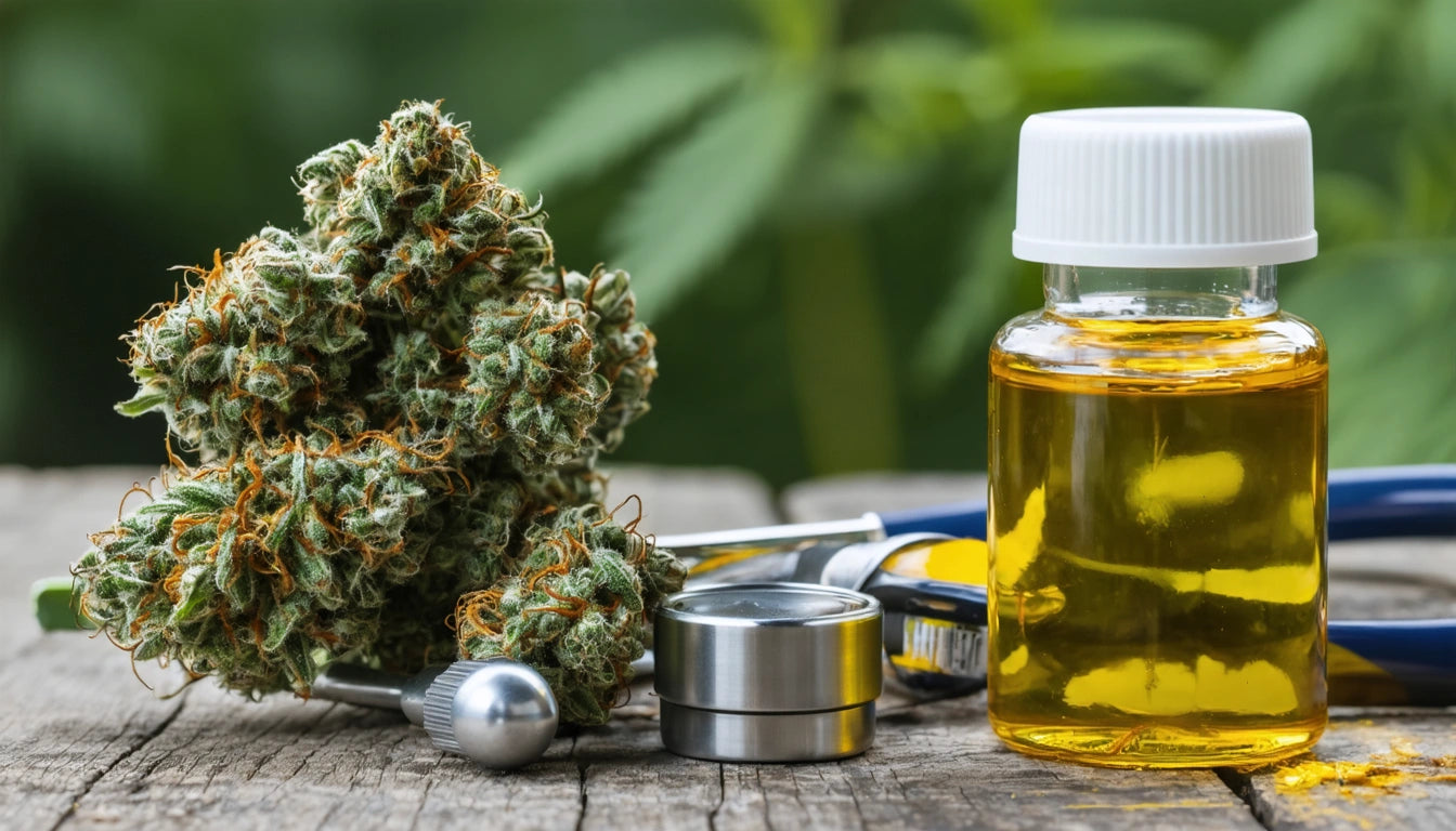 Glass bottle with yellow liquid, metal containers, and dense green plant with orange hairs on wooden surface