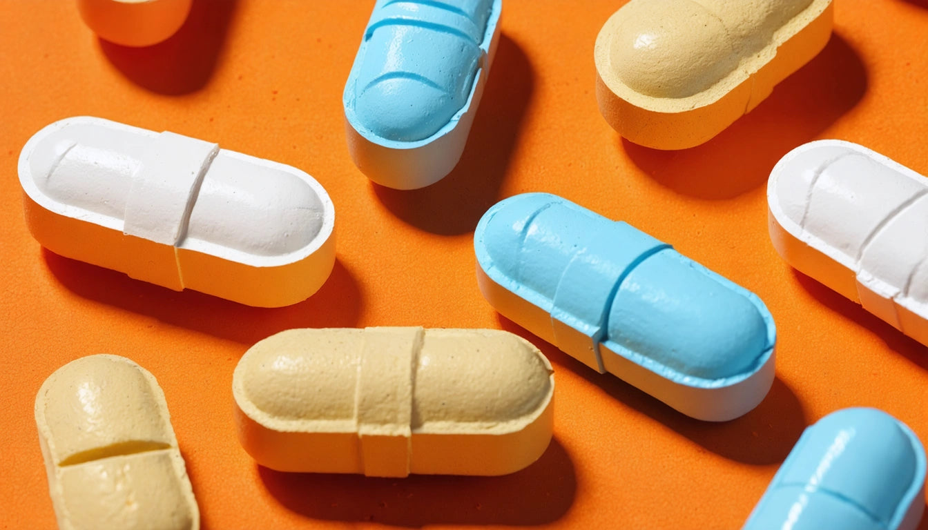 White, blue, and beige capsules scattered on an orange surface
