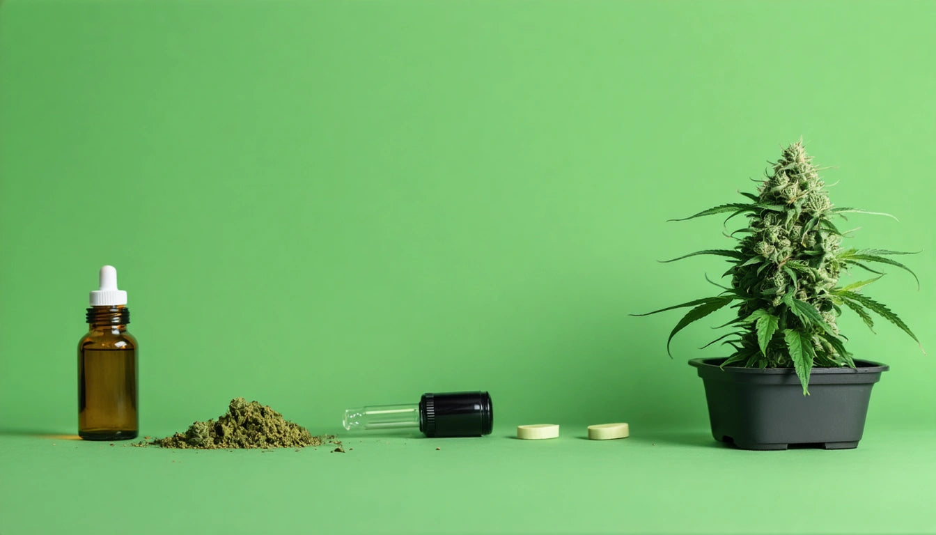 Brown dropper bottle, pile of green powder, open dropper, two tablets, potted plant on green background