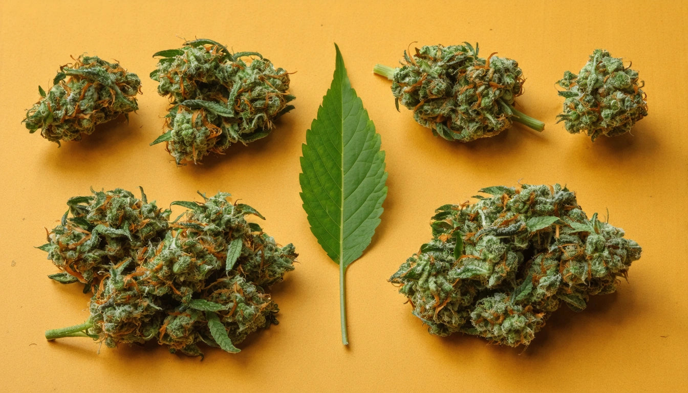 Six clusters of green buds and one green leaf arranged on a yellow surface