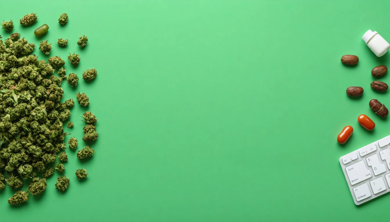 Green buds scattered on left, keyboard and assorted pills on right, all on a bright green background