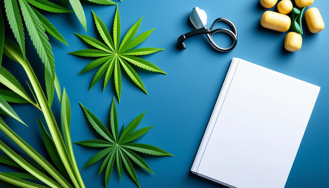 Green leaves, stethoscope, pill bottles, and a blank notebook on a blue surface