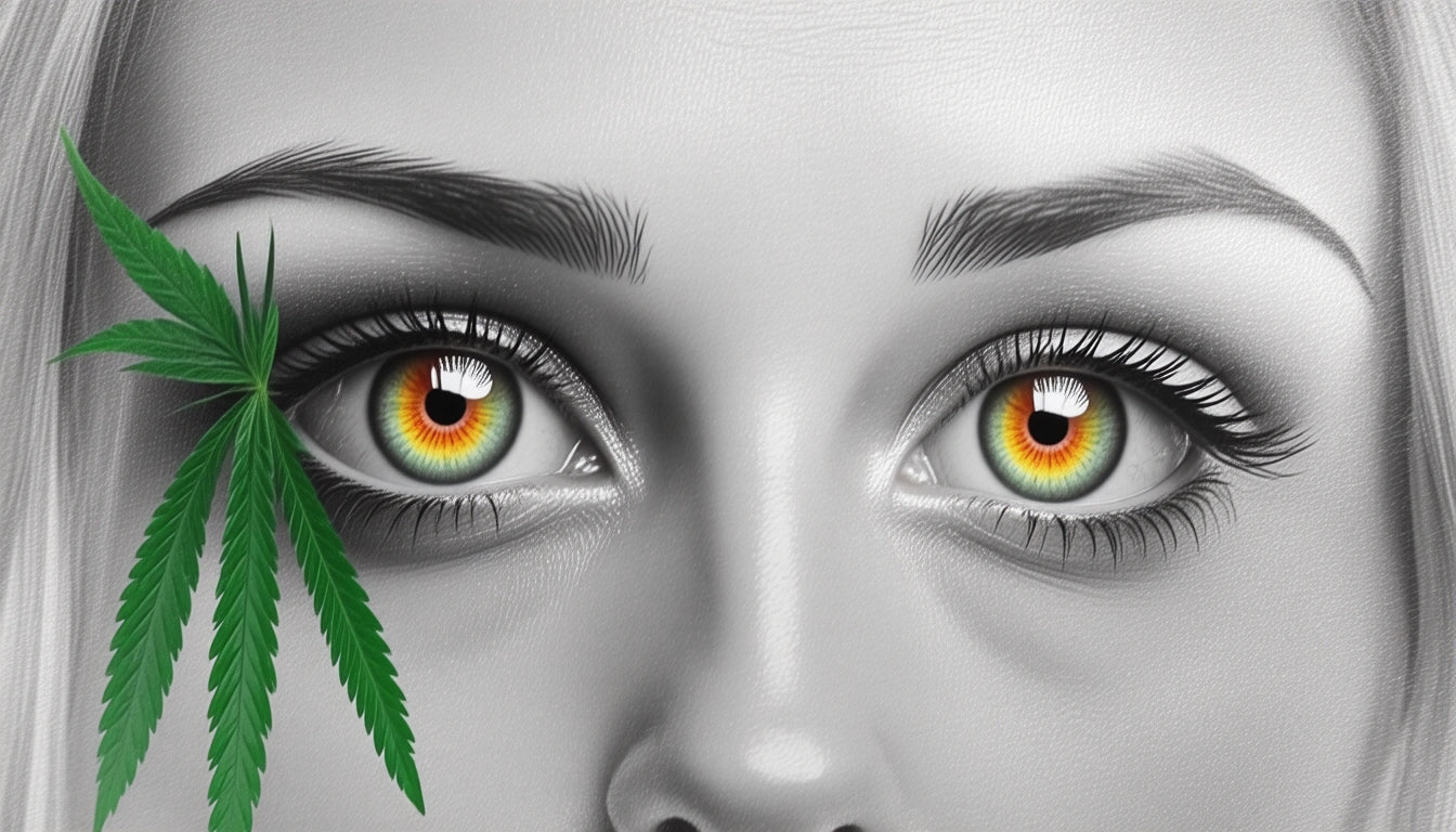 Close-up of eyes with vibrant orange and yellow irises, green leaf by the left eye, grayscale skin and hair