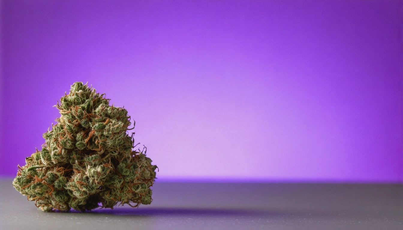 Dense green plant with orange strands on a gray surface, set against a vibrant purple background