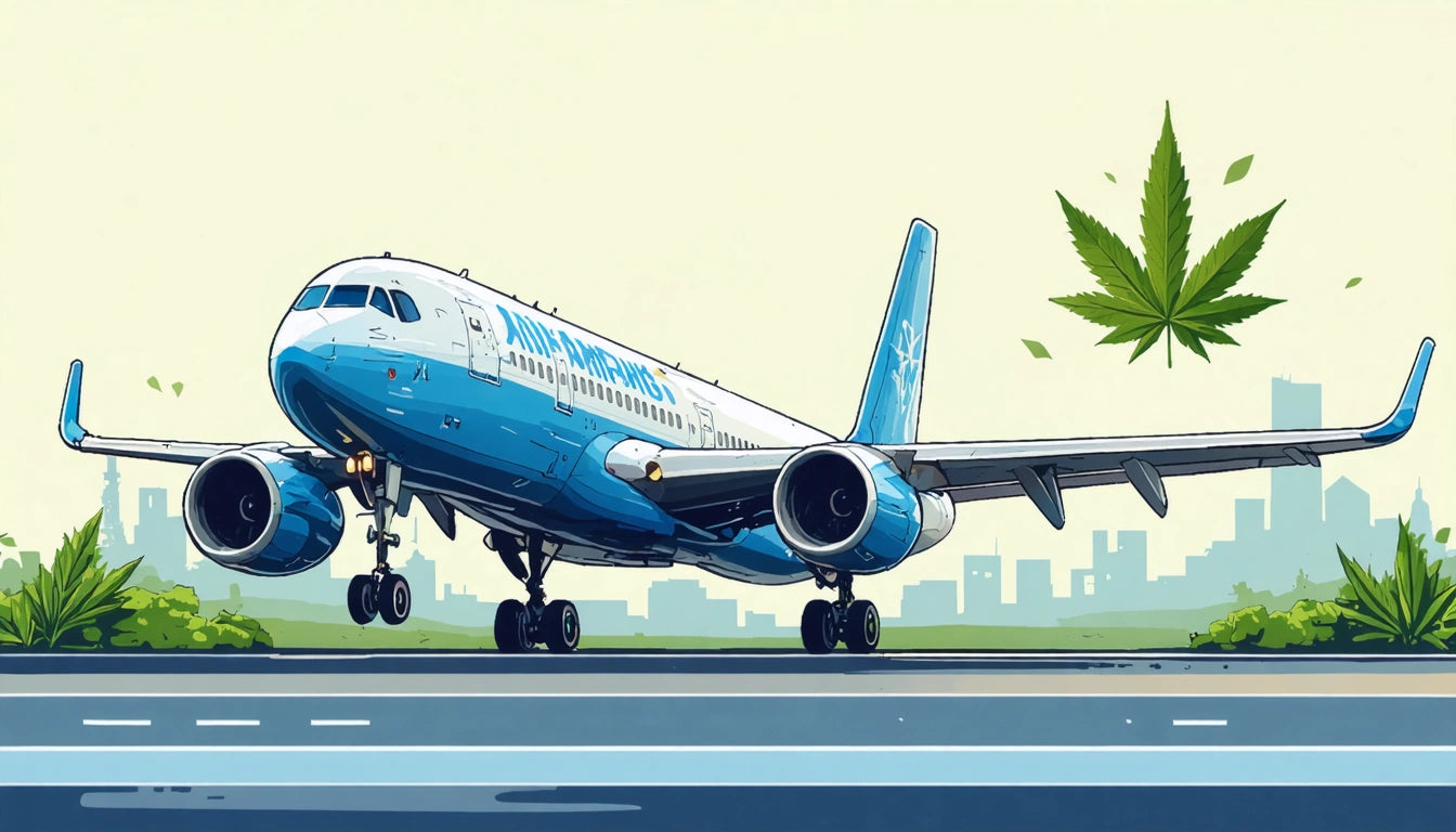 Blue and white airplane on runway with city skyline in background, large green leaf floating nearby