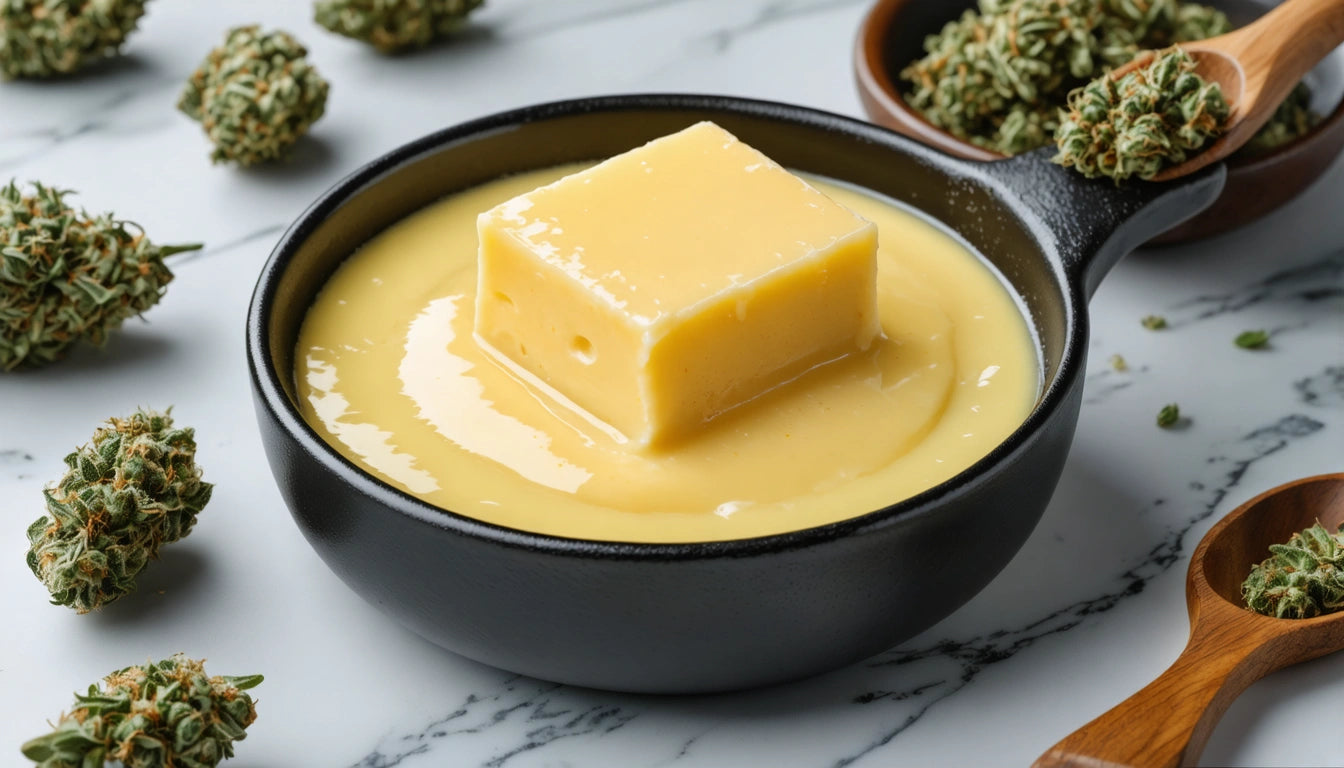 Black bowl with yellow sauce and a butter cube, surrounded by green herbs on a marble surface