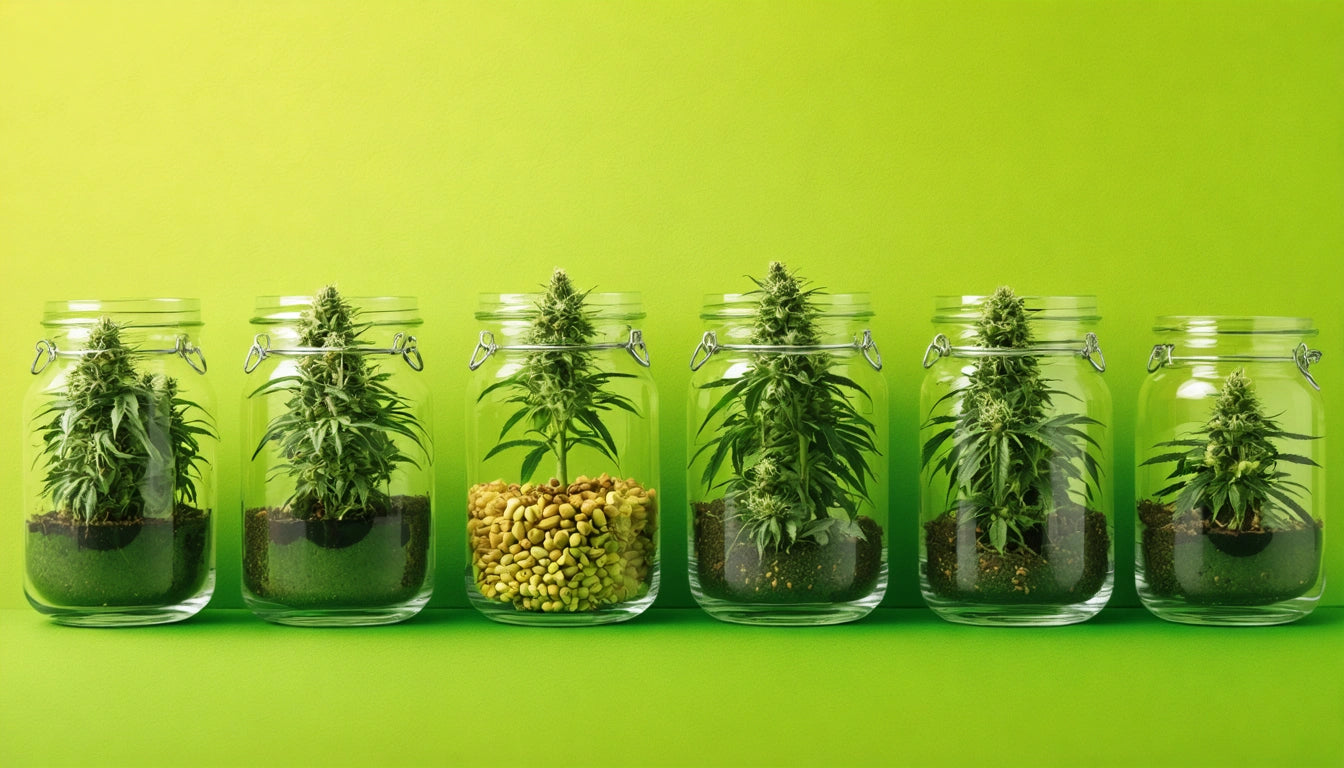 Six glass jars with green plants inside, one jar contains seeds, all against a bright green background