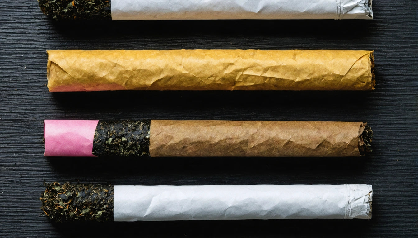 Four rolled papers with different colors and textures, placed horizontally on a dark surface