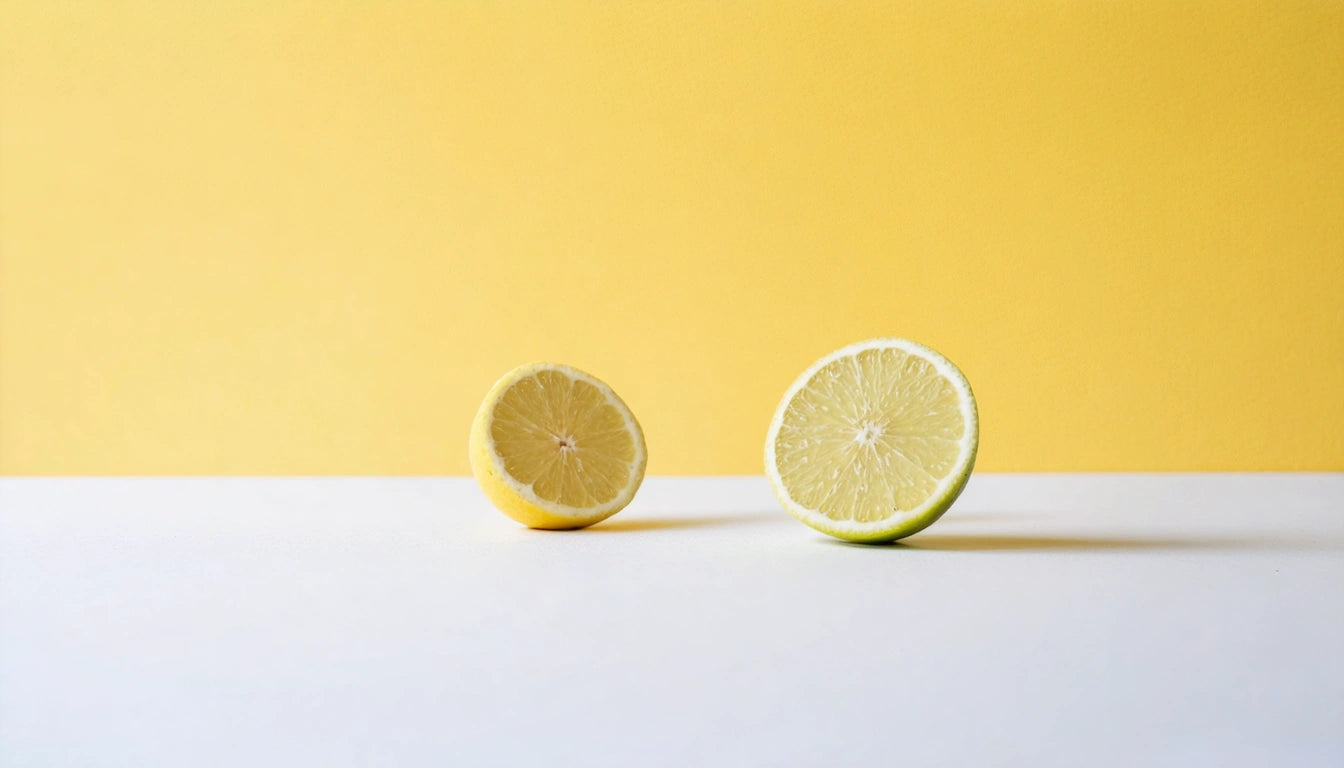 Two lemon halves on a white surface against a yellow background