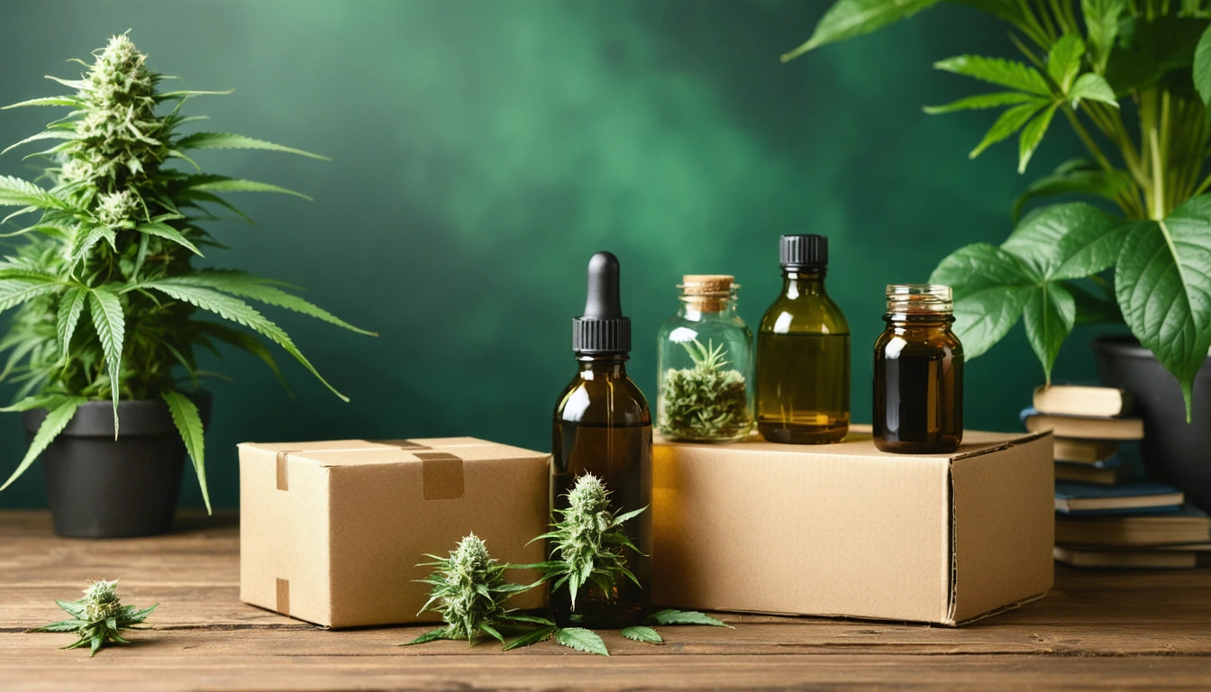 Brown bottles and cardboard boxes on wooden surface, surrounded by green plants with spiky leaves against a blurred green background