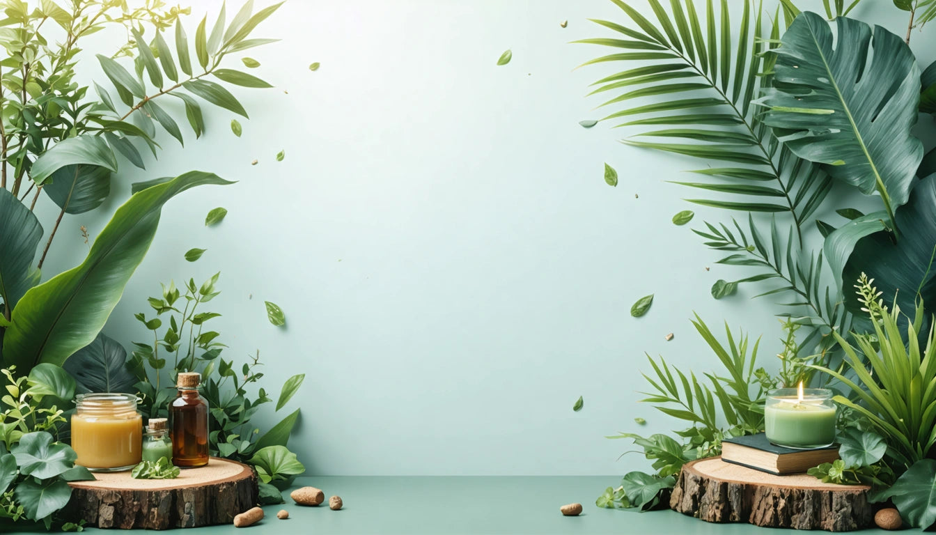 Green leaves and plants surround candles and bottles on wooden slices against a light blue background