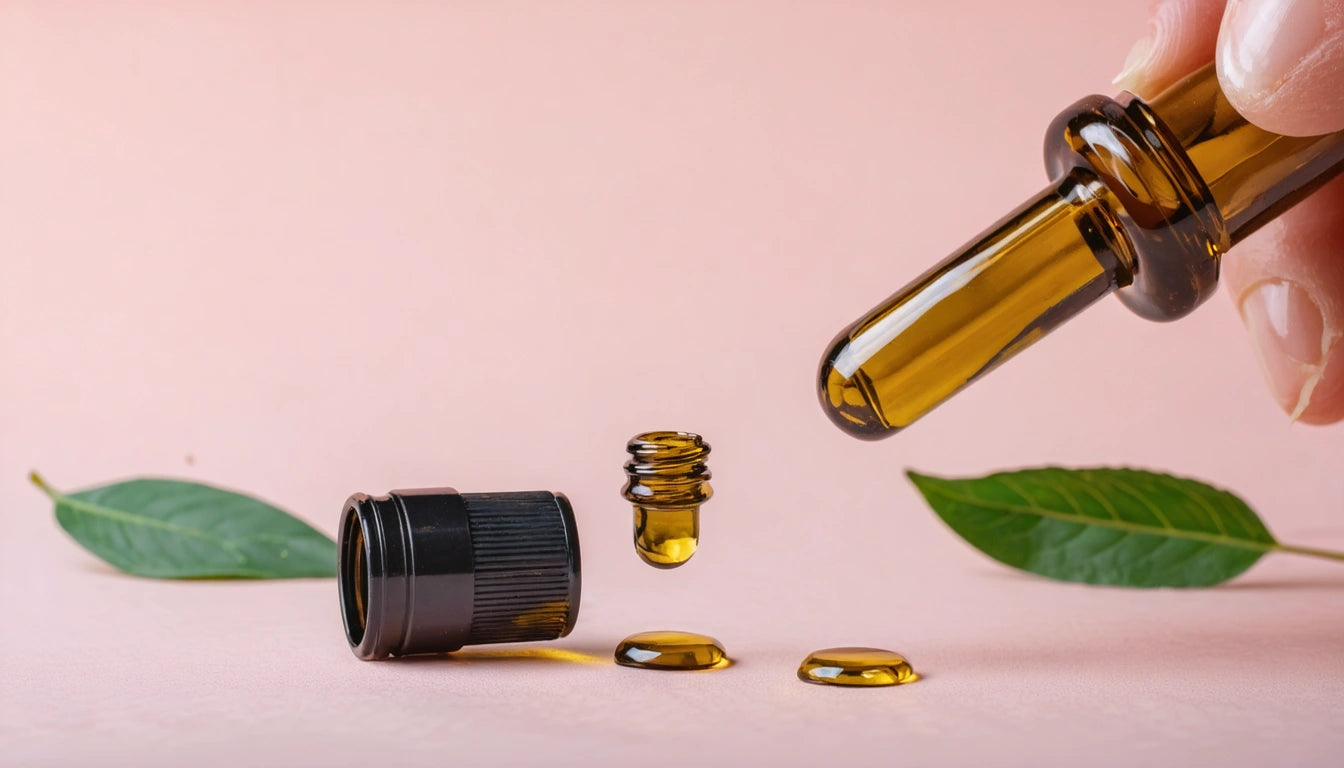 Dropper releasing amber liquid near open bottle cap on pink surface, with green leaves in the background