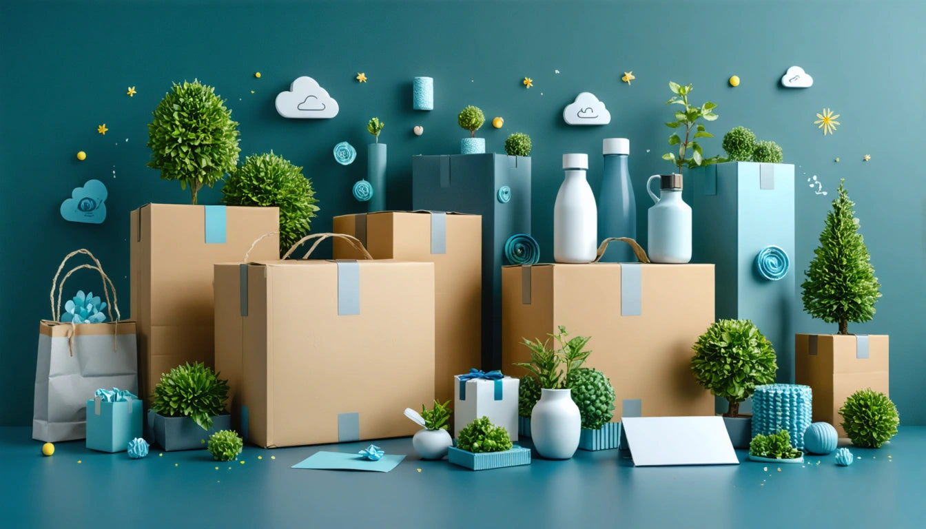 Cardboard boxes and potted plants on a teal surface, with small clouds and stars on the wall behind