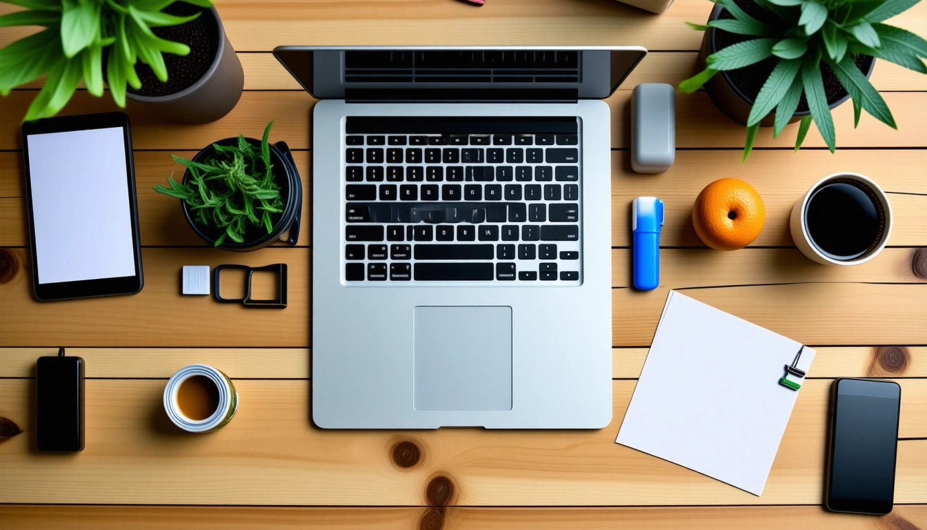 Laptop on wooden desk surrounded by potted plants, smartphone, orange, notepad, pen, and various office supplies