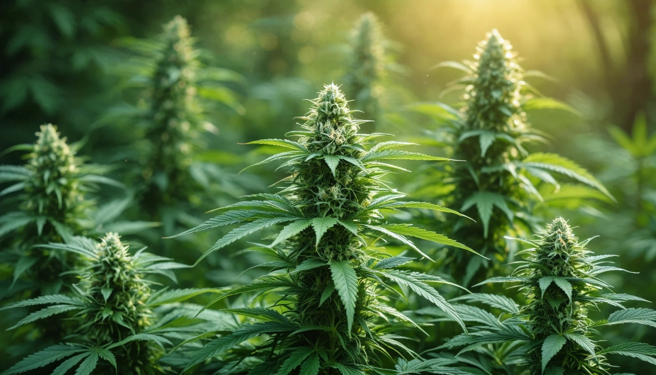 Dense green plants with pointed leaves and buds, sunlight filtering through foliage in the background