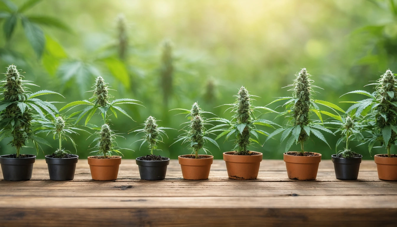 Eight potted plants with green leaves and buds on a wooden surface, blurred green foliage in the background