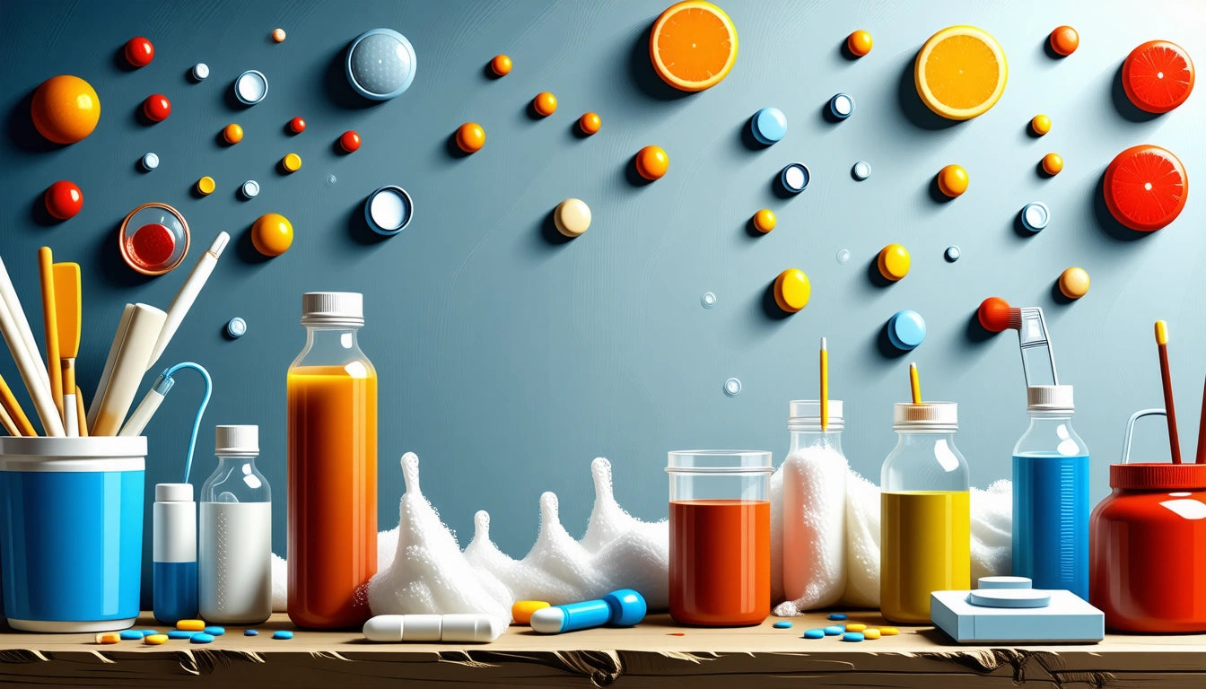 Bottles and jars with colorful liquids on a wooden surface, surrounded by pills and splashes, against a blue wall with floating circles