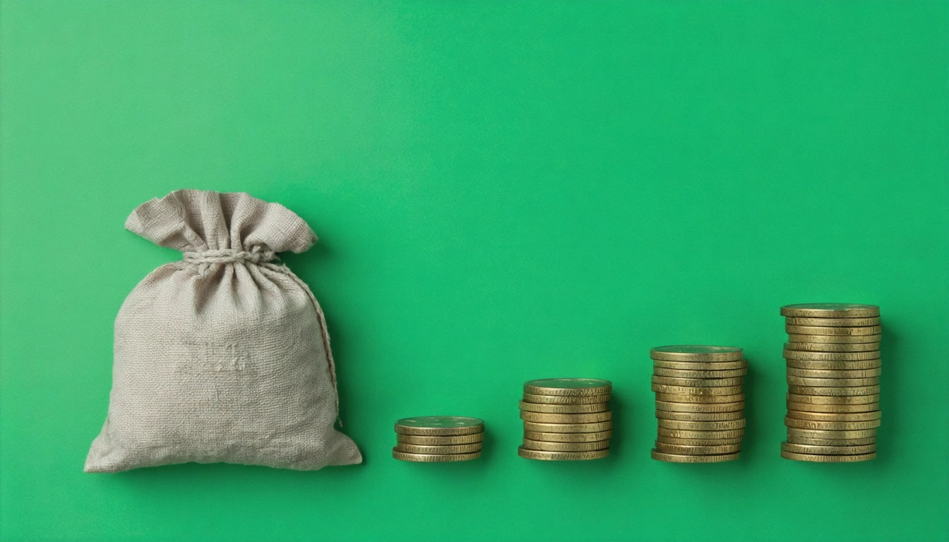 Small burlap sack and stacks of gold coins increasing in height on a green background