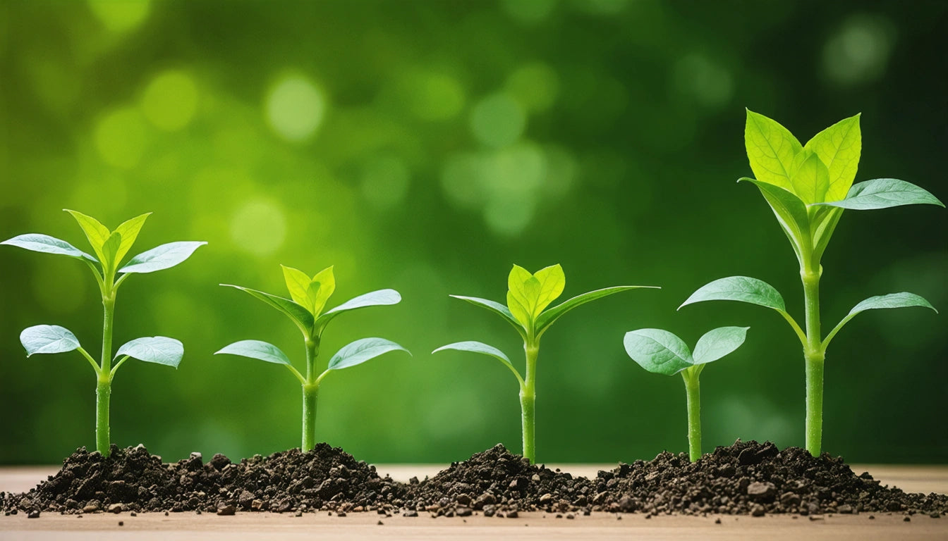 Five small green plants growing in soil, arranged in a row, with a blurred green background