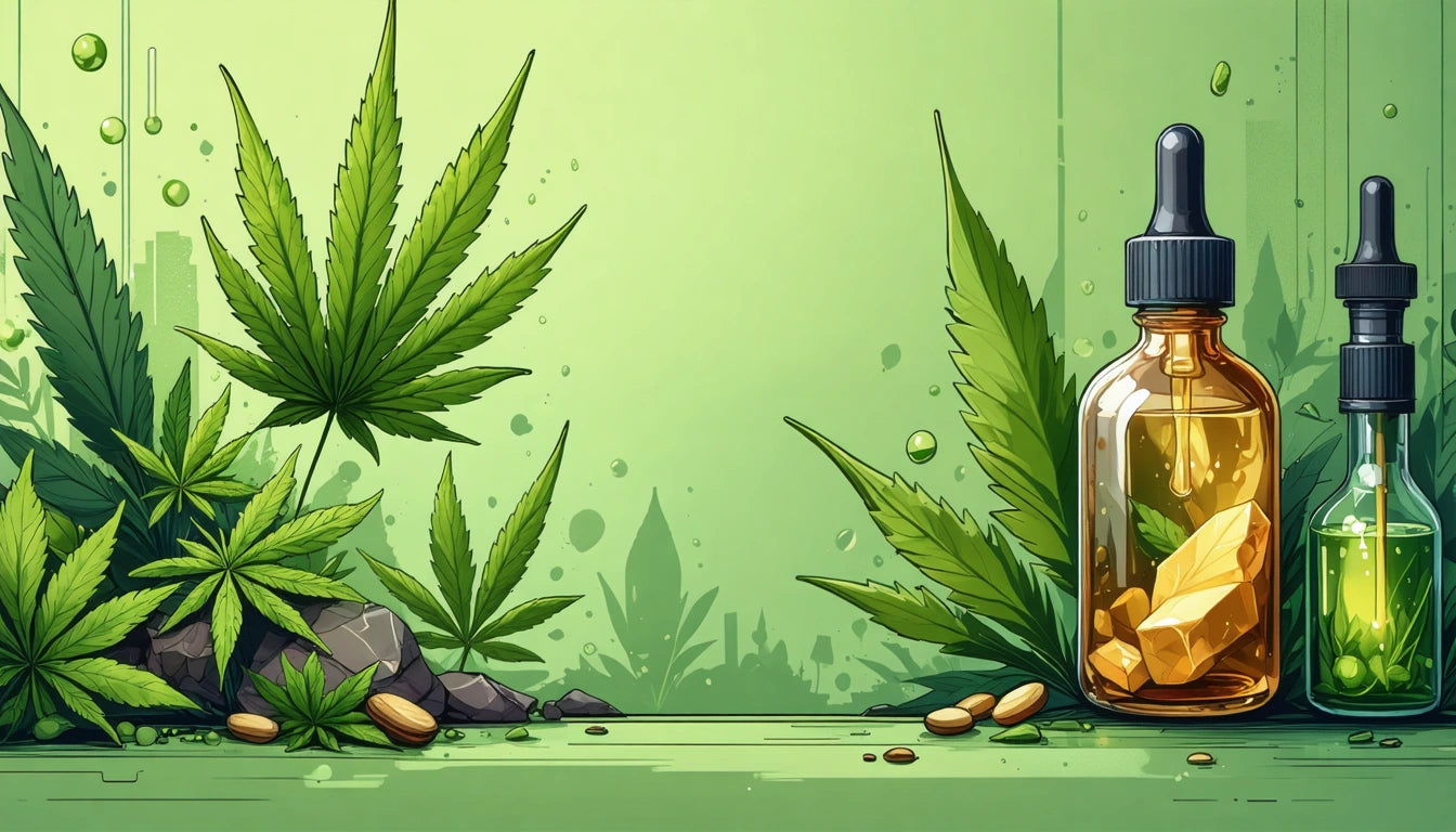 Green leaves and plants with two dropper bottles, one amber and one green, on a light green background with scattered droplets